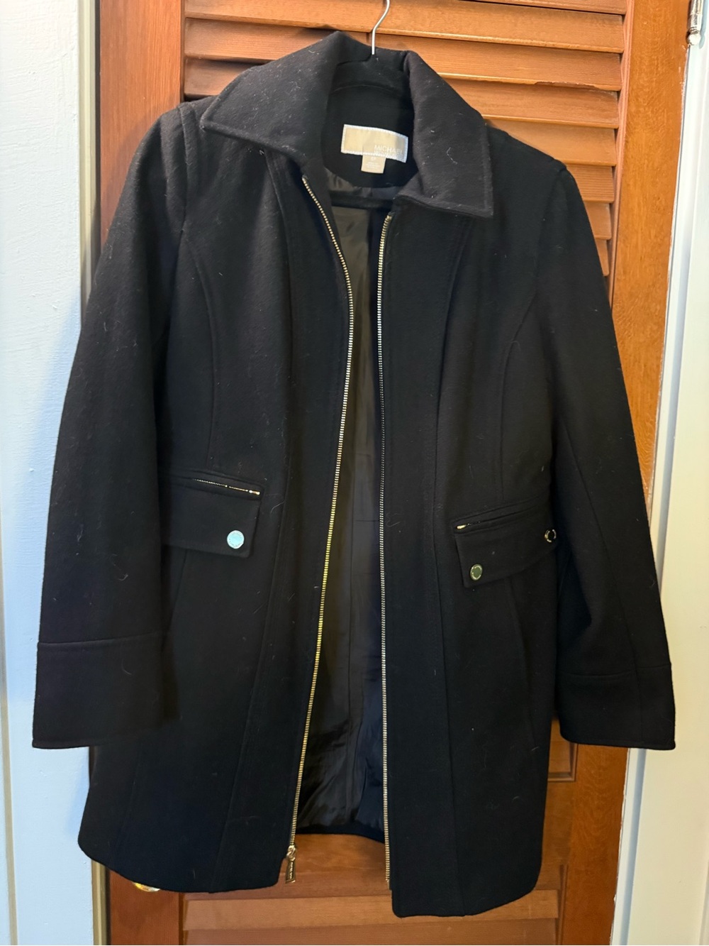 Michael Kors Black Zip-Front Wool Pea Coat
